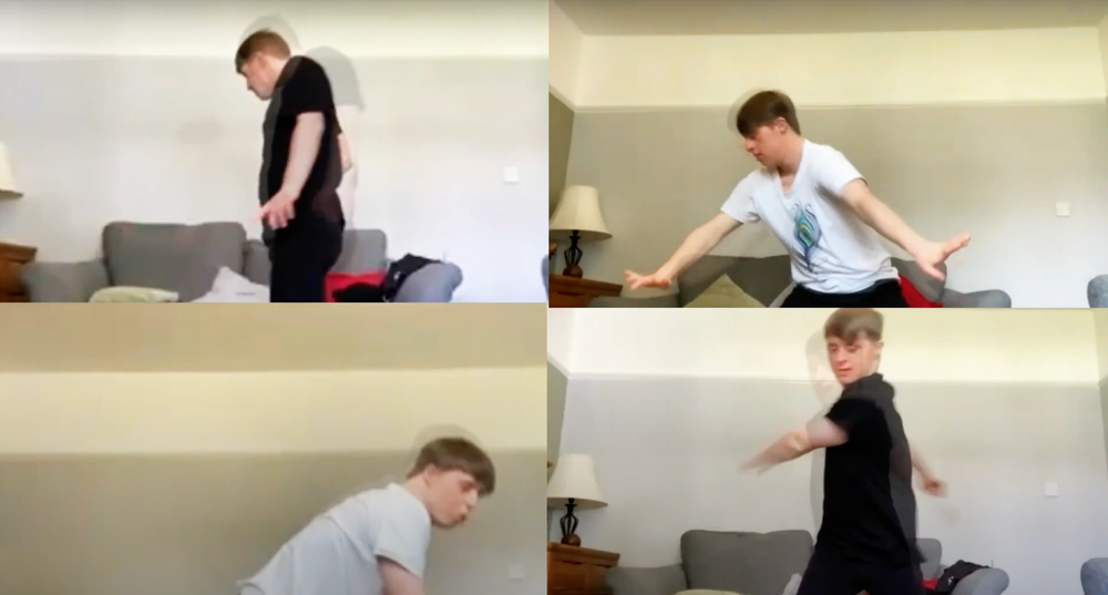 Film still with Zoom windows with a boy dancing in each frame