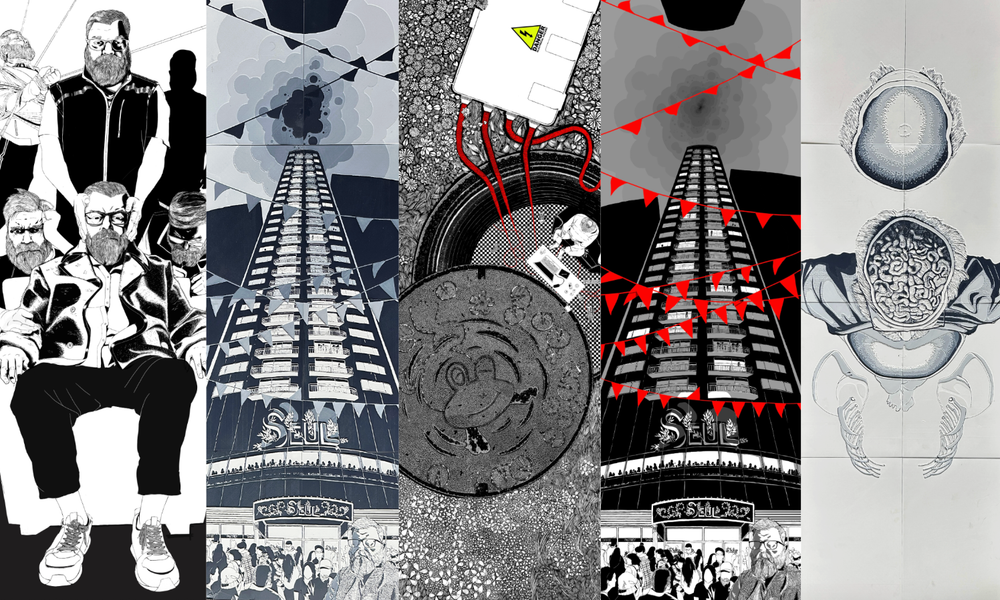 A collage of works by Troy Lindstr