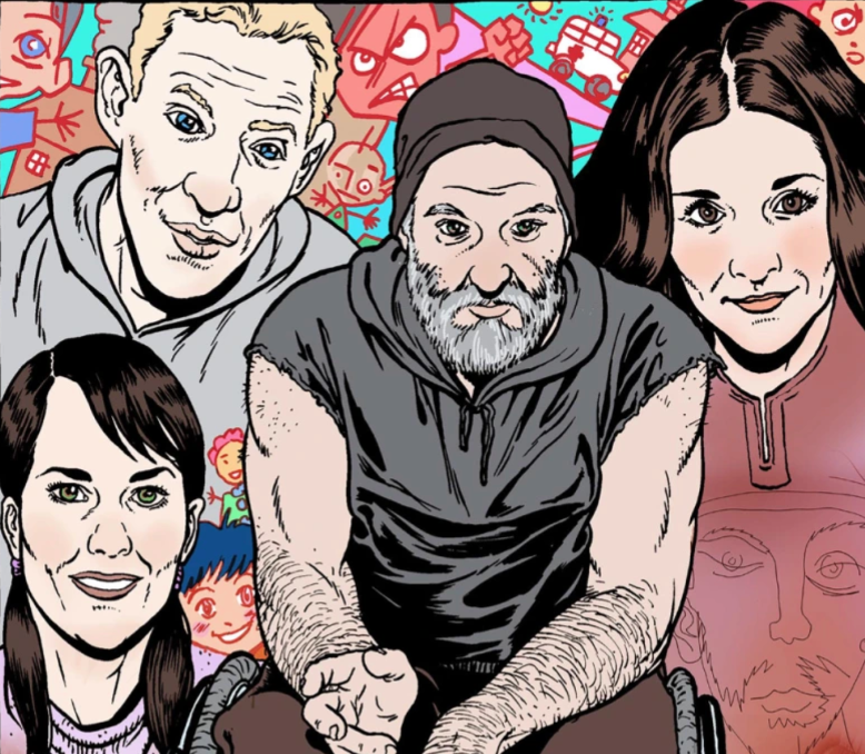 Graphic artwork of Al Davison surrounded by friends.