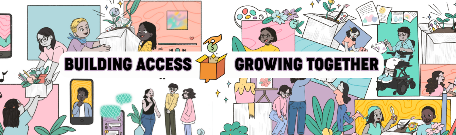 Digital graphic of people in community, sharing resources and connecting.