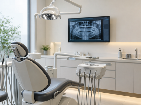 Gabinete dental luminoso con sillón y radiografía dental en la pantalla de un gabinete