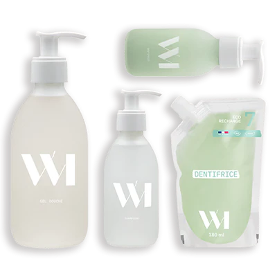 Assortiment de 3 contenant en verre avec doseur, ainsi qu'une éco-recharge de dentifrice de 180 mL