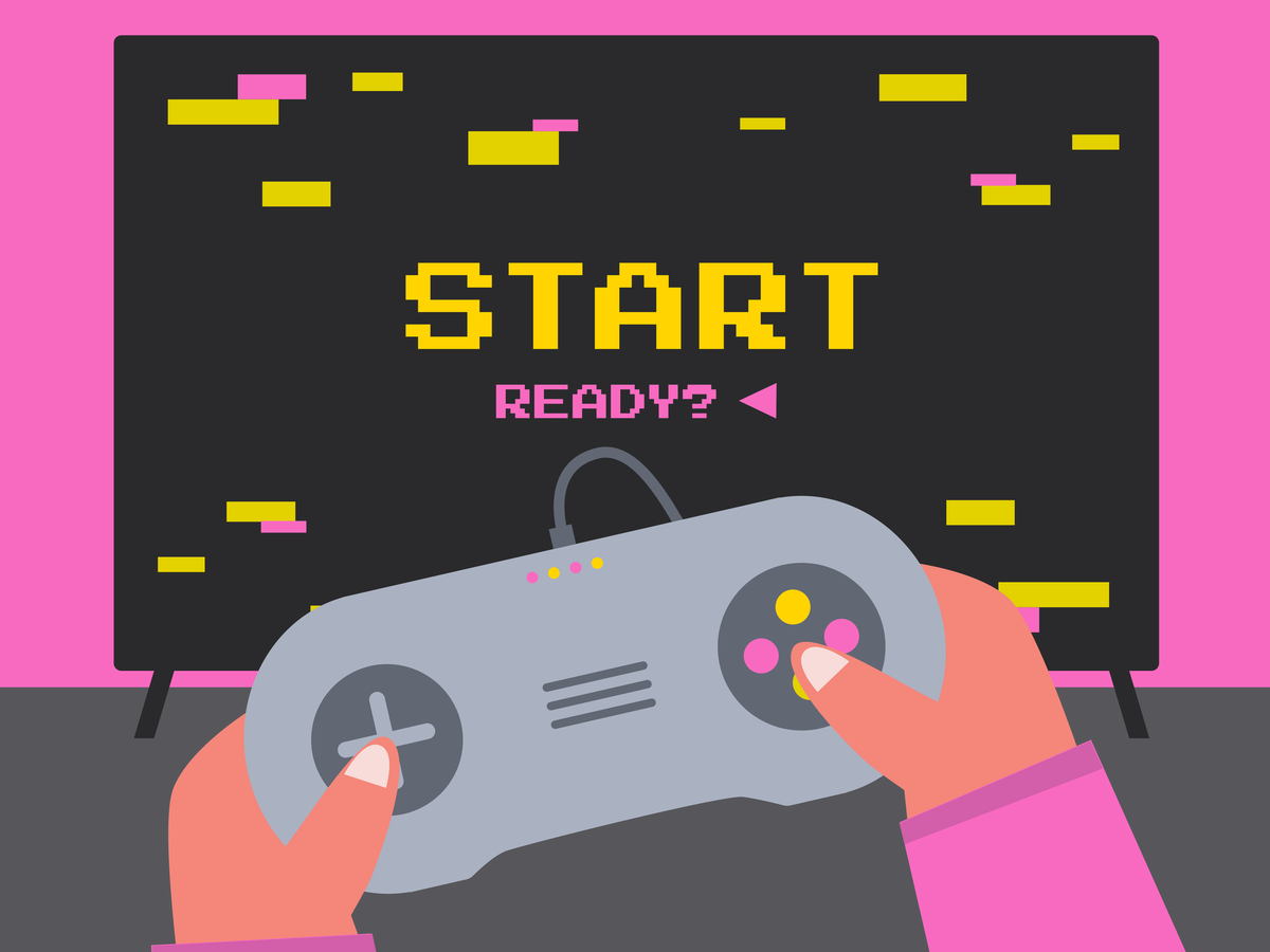 An illustration of two hands holding a console controller. On a TV screen, text reads "Start. Ready?"