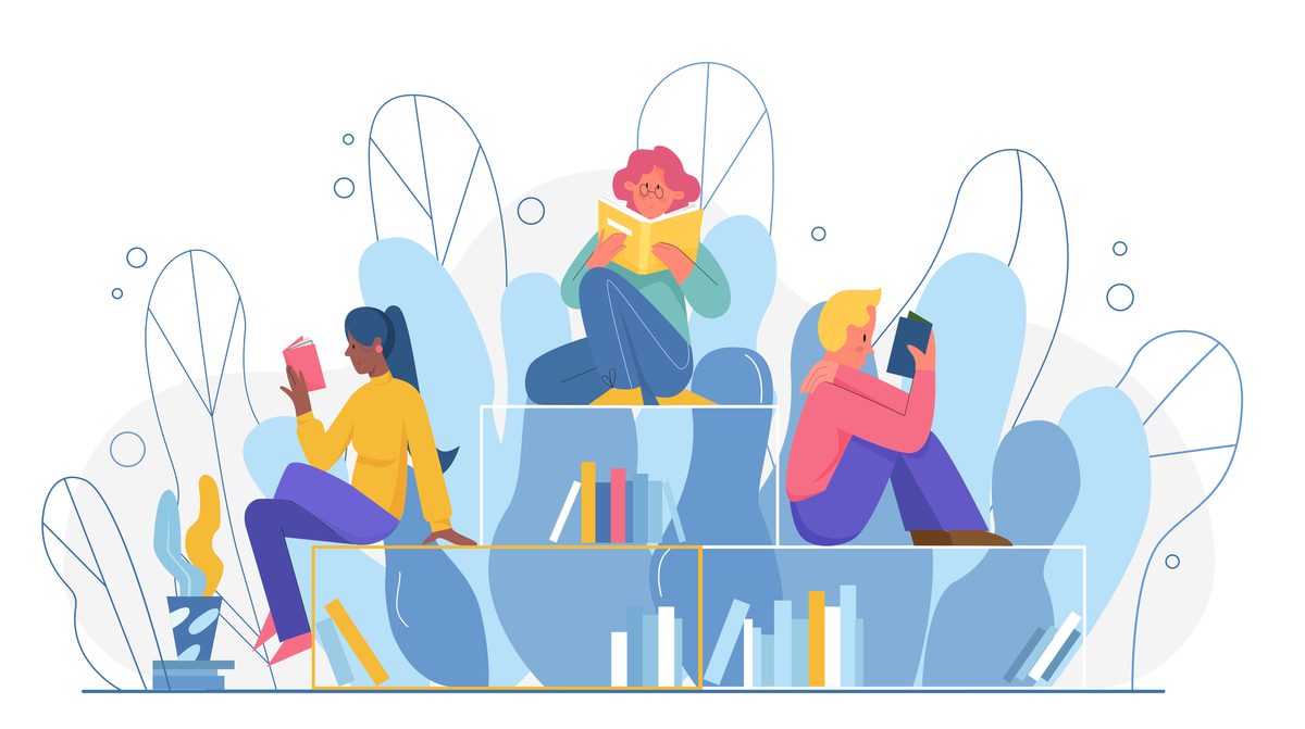 An illustration of three people reading.