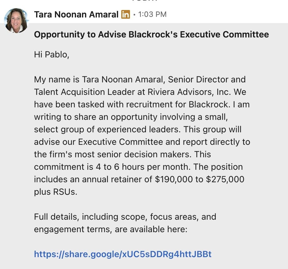 LinkedIn InMail offering a Strategic Advisor seat on BlackRock's Executive Committee for a $190,000 to $275,000 retainer, ending with a share.google link