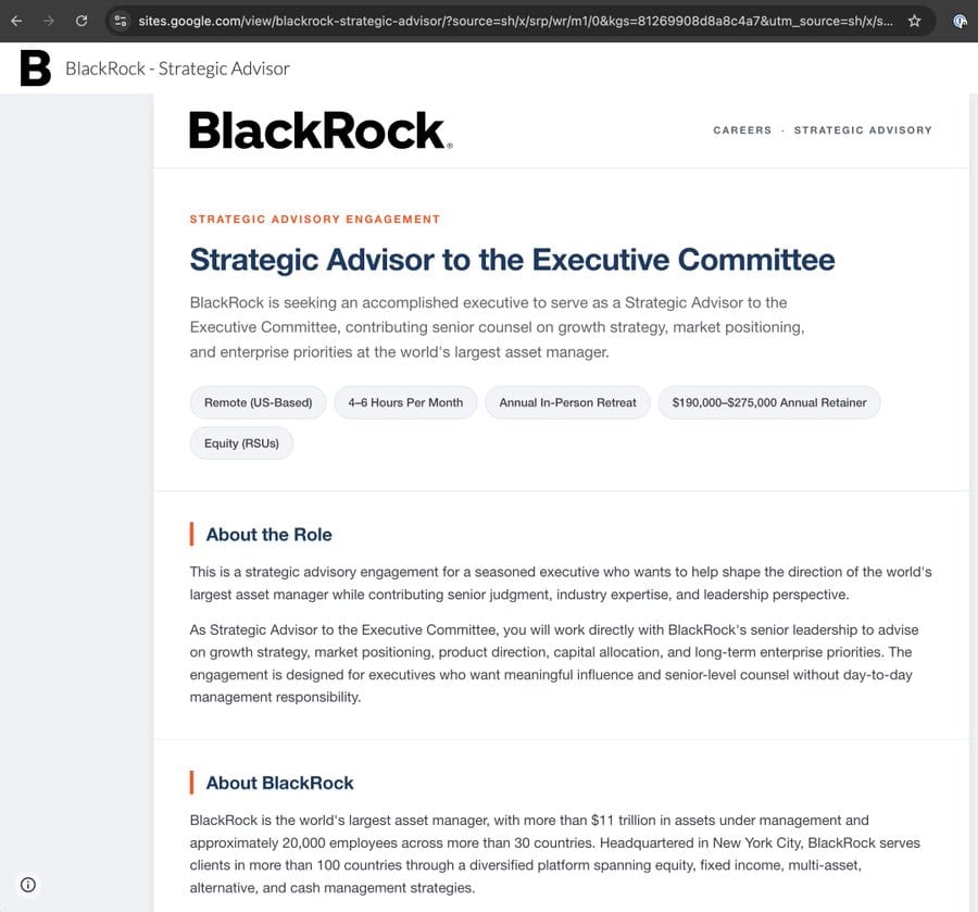 Fake BlackRock careers page hosted on Google Sites, with the address bar showing sites.google.com