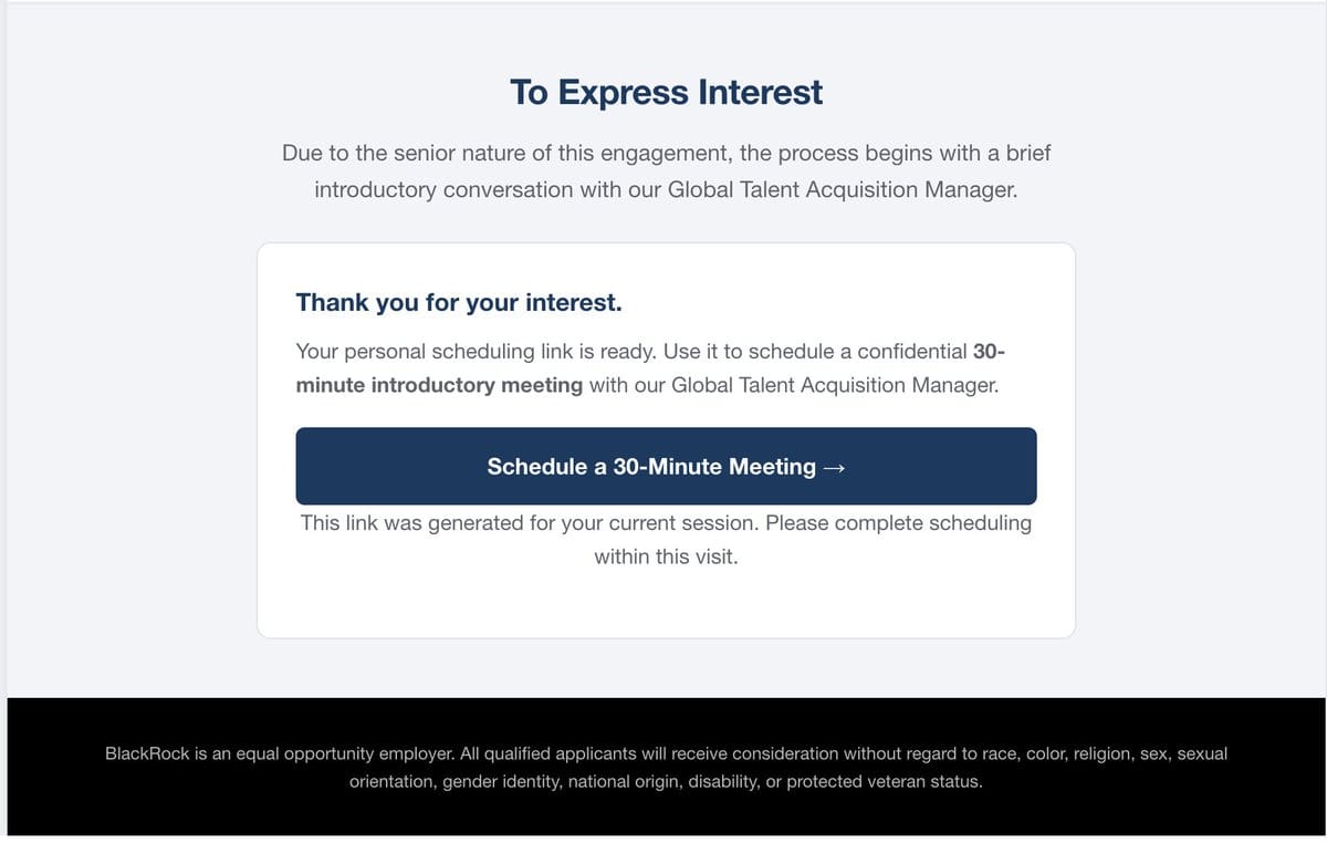 Fake BlackRock page offering a 30-minute meeting, with small print saying the link was generated for the current session