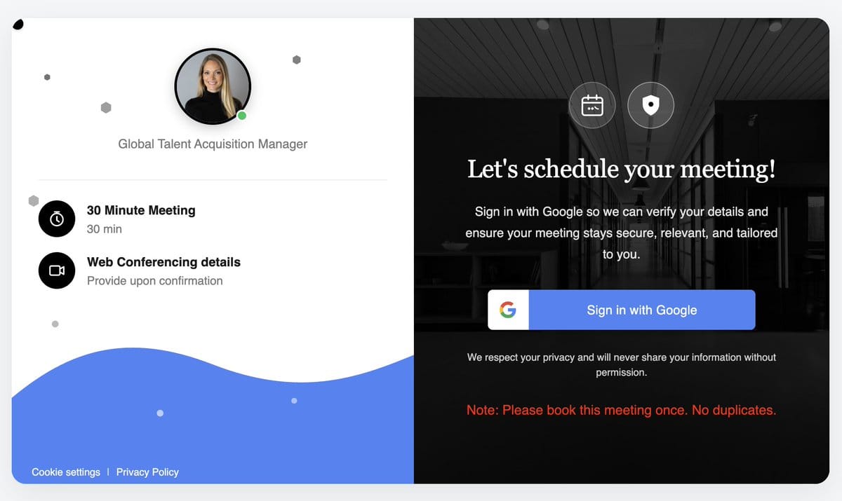 Second Google Sites page styled as a booking tool, asking visitors to sign in with Google and to book only once