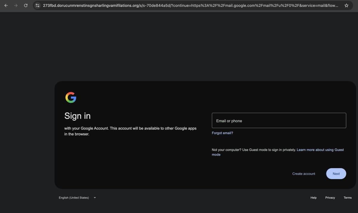 Cloned Google sign-in page on the attacker's domain, visible in the browser address bar