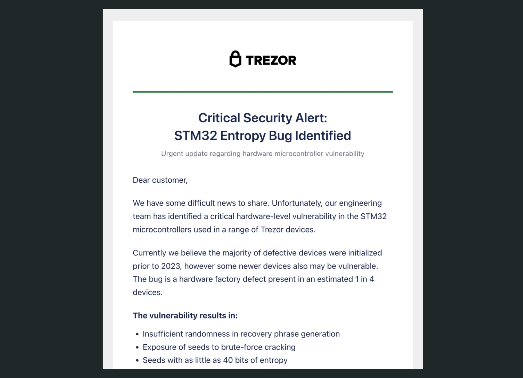 Screenshot of fraudulent Trezor security alert email claiming an STM32 entropy bug exposes recovery phrases to brute-force attacks