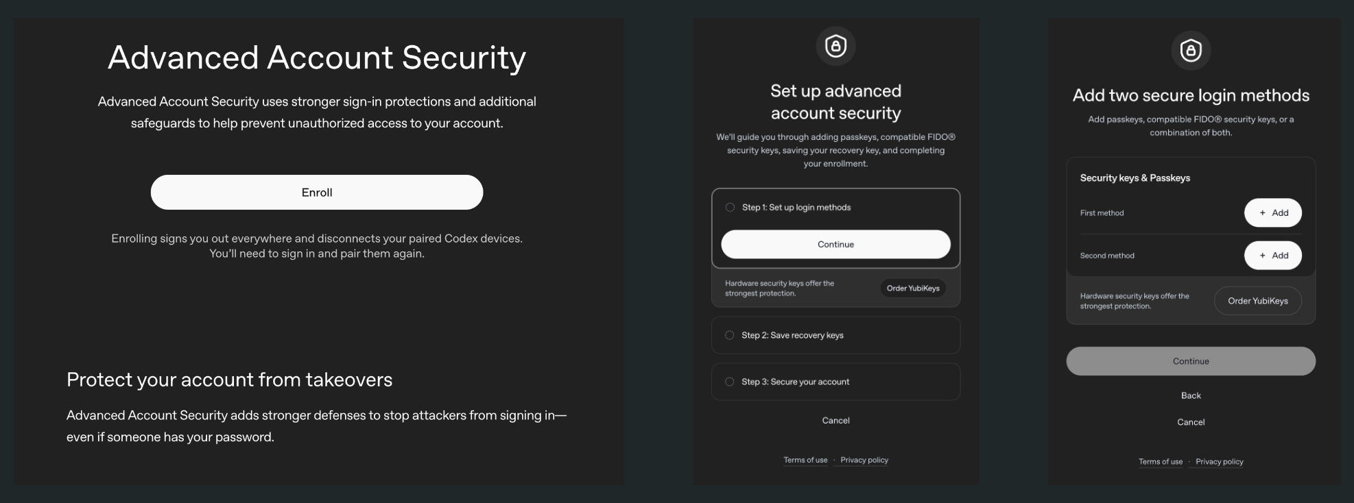 OpenAI Advanced Account Security enrollment flow showing the landing page, the three step setup overview, and the screen to add two secure login methods