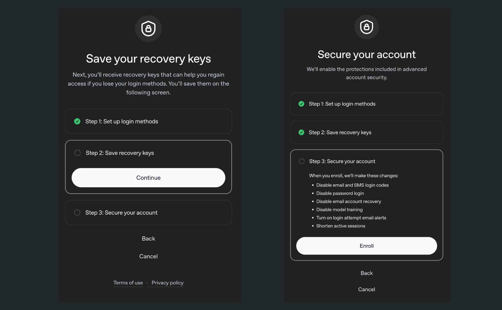 OpenAI Advanced Account Security steps to save recovery keys and review changes before enrolling, including disabling password and email login