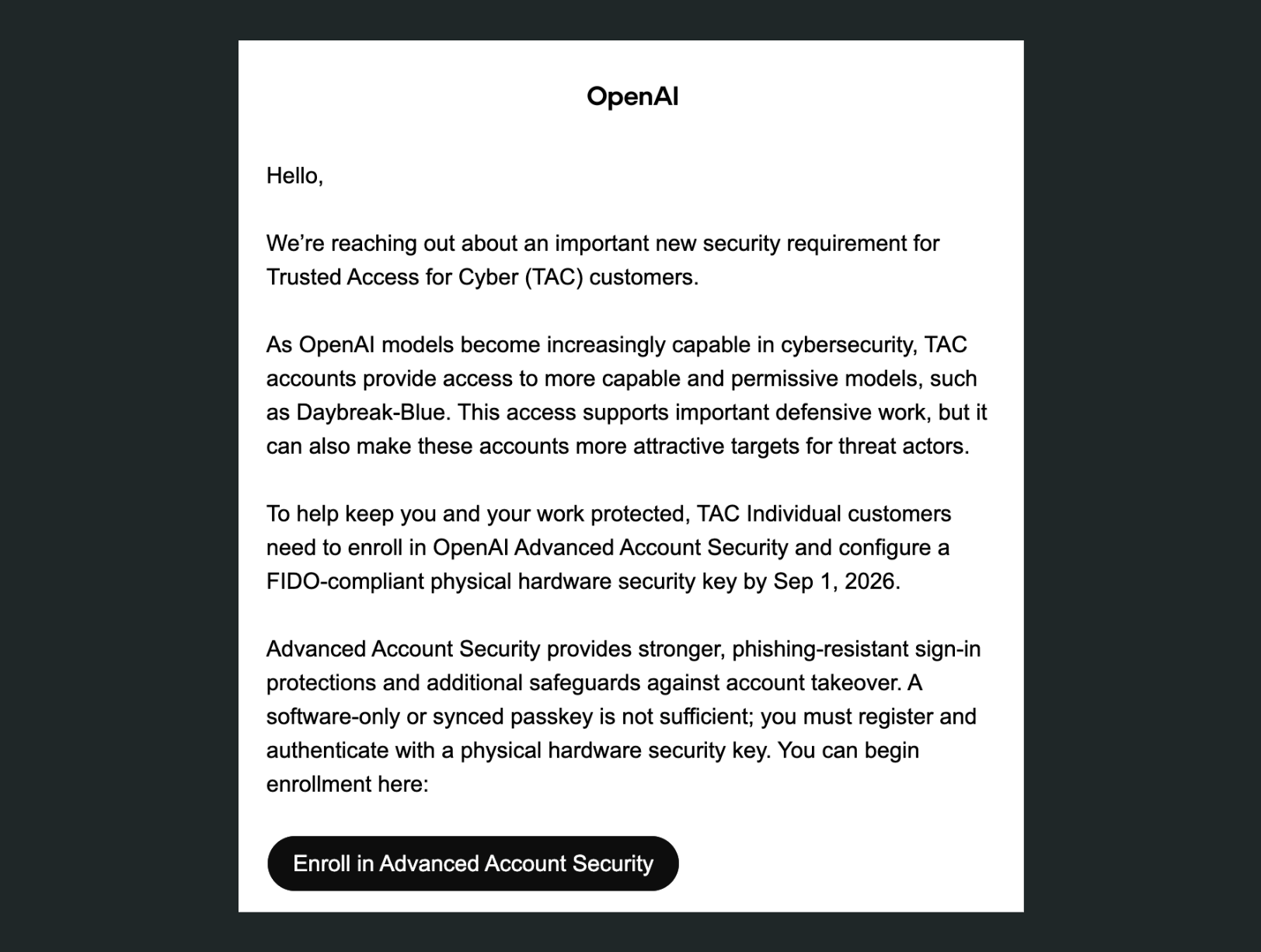 OpenAI email notifying Trusted Access for Cyber customers of the Advanced Account Security requirement and September 1 2026 hardware key deadline