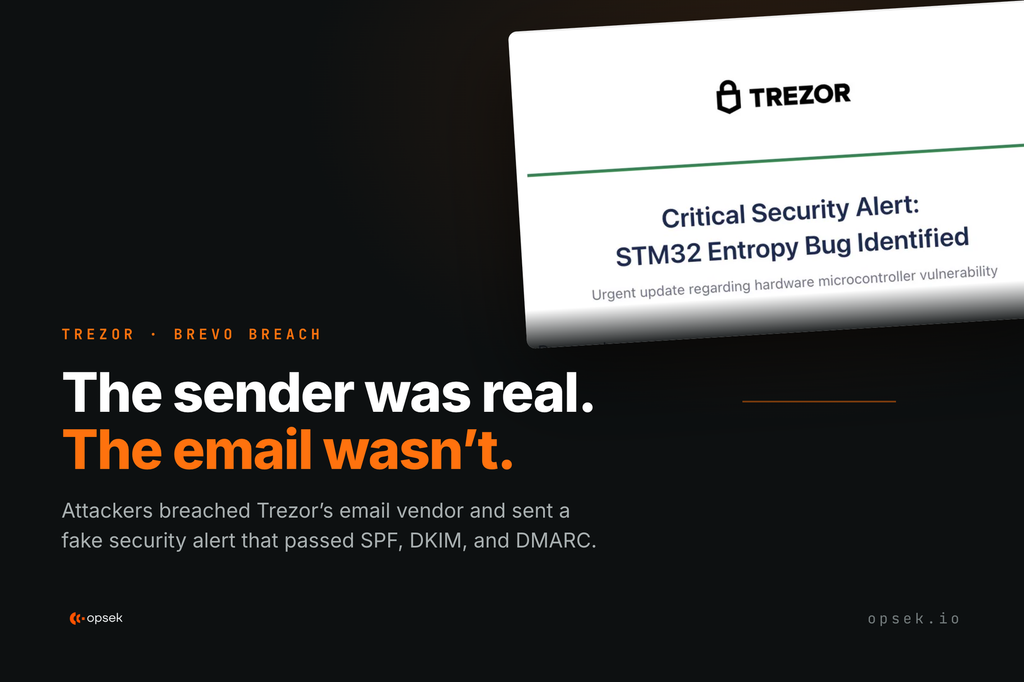 Trezor Brevo breach blog cover — fake 'Critical Security Alert: STM32 Entropy Bug' phishing email that passed SPF, DKIM, and DMARC