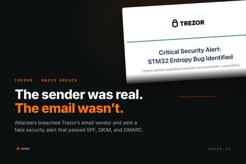 Trezor Brevo breach blog cover — fake 'Critical Security Alert: STM32 Entropy Bug' phishing email that passed SPF, DKIM, and DMARC