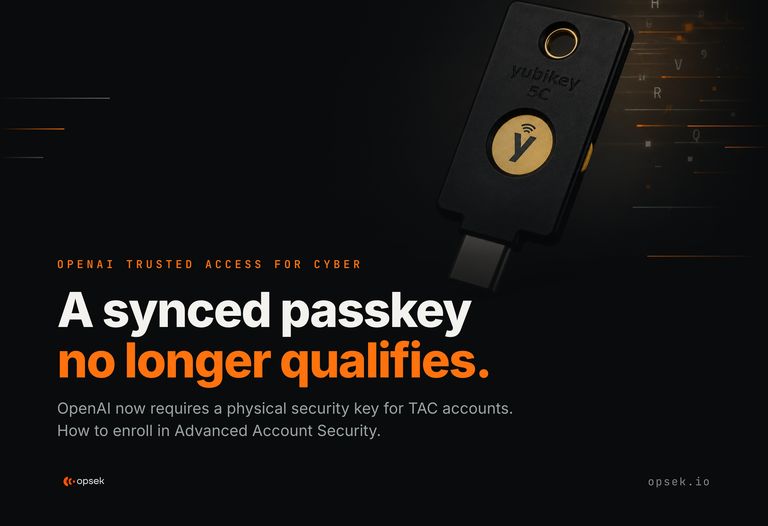 Opsek graphic on a YubiKey 5C reading "A synced passkey no longer qualifies," announcing OpenAI's physical security key requirement for Trusted Access for Cyber accounts and how to enroll in 