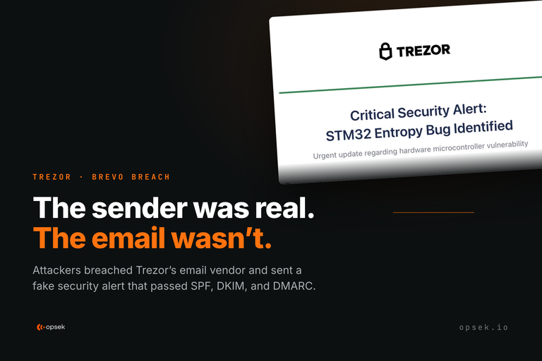 Trezor Brevo breach blog cover — fake 'Critical Security Alert: STM32 Entropy Bug' phishing email that passed SPF, DKIM, and DMARC