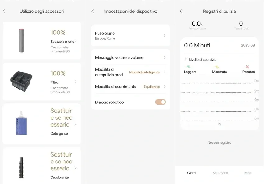 Oltre alle impostazioni, l'App consente di verificare lo stato d'uso delle parti intercambiabili del MOVA M50 Ultra e annota tutte le attività in un apposito registro