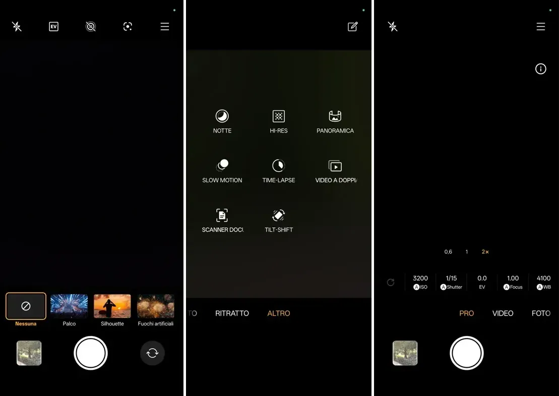 Screenshot dell'App foto: a sinistra le opzioni di stile, al centro le opzioni di scatto, a destra la modalità Pro