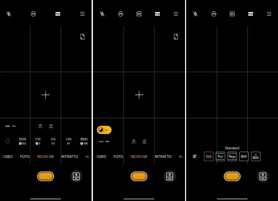 L'App Foto: tra le impostazioni disponibili Ricoh GR, con due lunghezze focali e 5 modalità di scatto