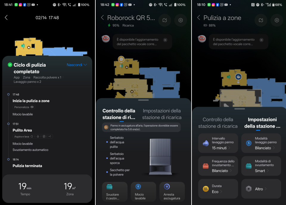 Al termine della pulizia, l'App ci fornisce un resoconto dettagliato del task. Inoltre, avremo a disposizione una serie di impostazioni per gestire la fase di lavaggio e asciugatura dei mop