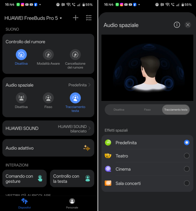 Screenshot dell'App con l'interfaccia dell'audio spaziale. In aggiunta alle modalità troviamo anche quattro diversi effetti selezionabili