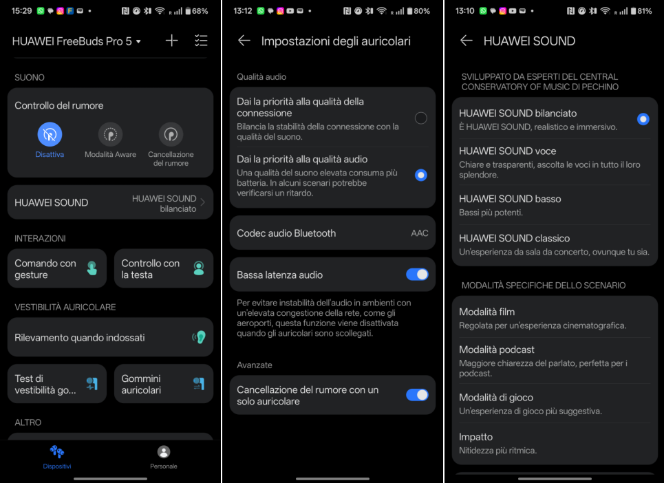 L'App mette a disposizione un'ampia serie di impostazioni: durante il test, ho preferito la qualità audio sulla connessione ed il profilo Huawei Sound bilanciato