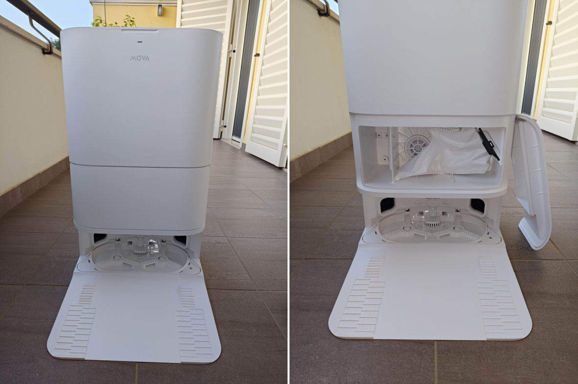 Base All-in-one: frontalmente il vano che alloggia il sacchetto della polvere