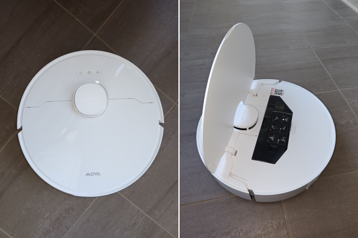 A sinistra: i tasti per il controllo manuale davanti la torretta. A destra: il coperchio del robot quando sollevato