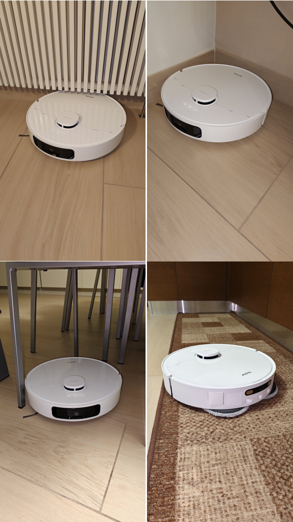 Foto in alto: grazie al braccio estensibile, il mocio raggiunge gli angoli più difficili Foto in basso a destra: il robot esegue la pulizia intelligente di tappeti e moquette grazie al rilevamento ad ultrasuoni, sollevado i moci di 10,5 mm