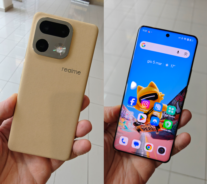 A sinistra: la back cover è realizzata con materiali vegetali rinnovabili tramite un processo completamente sostenibile. A destra: il display HyperGlow garantisce colori vividi e un’ottima resa visiva, mantenendo al tempo stesso un look più sottile ed elegante