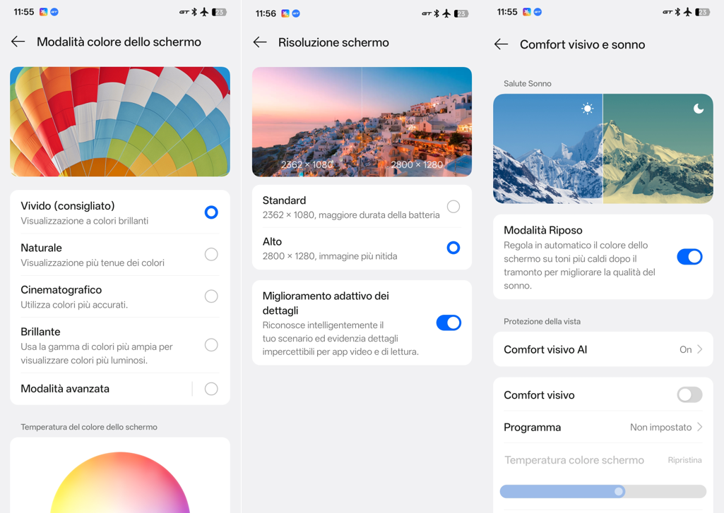 Gli screenshot nella foto sopra indicano alcune delle caratteristiche del display del Realme 16 Pro+
