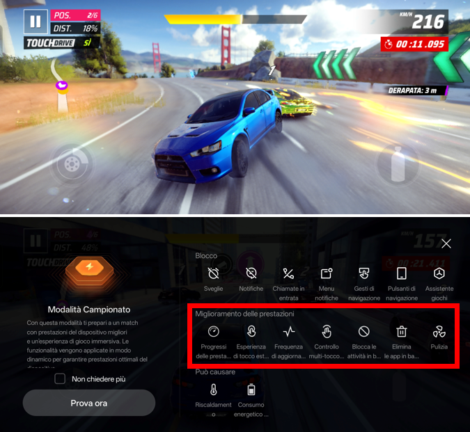 La modalità Campionato ottimizza ulteriormente le risorse che il device dedica al gaming, migliorando l'esperienza di entertainment