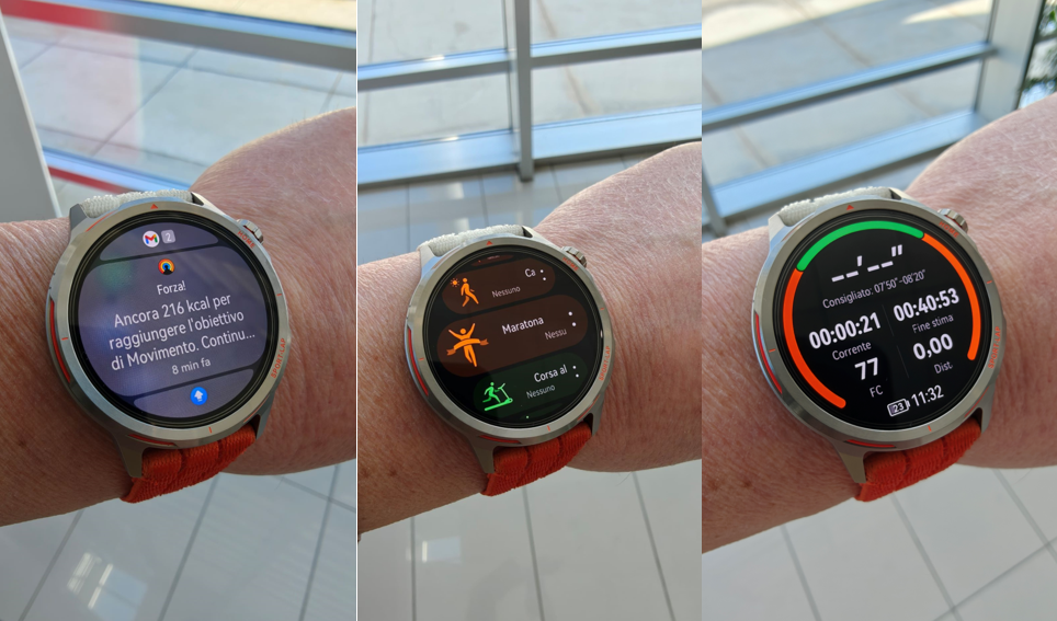 A sinistra le notifiche del Watch GT Runner 2. Al centro e a destra la funzione dedicata alle maratone
