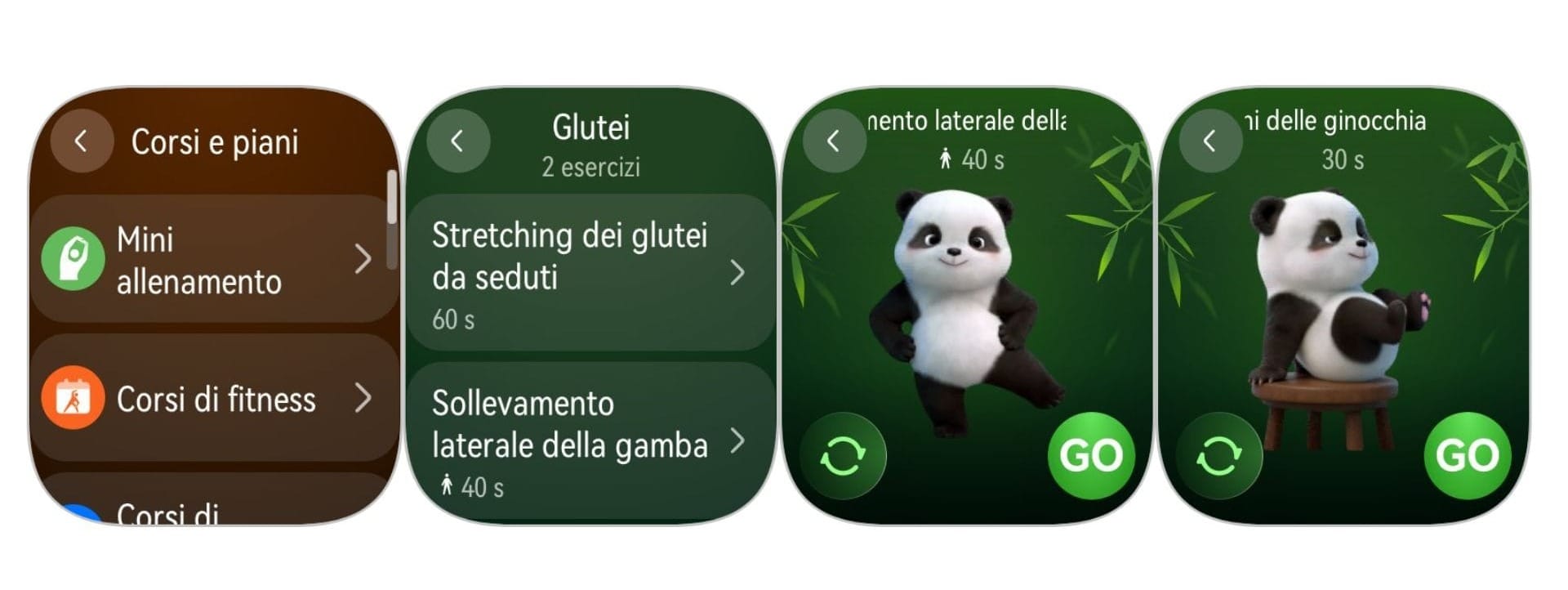 I mini-allenamenti guidati. Trenta esercizi brevi, avviabili in qualsiasi momento senza attrezzatura, accompagnati dall'animazione di un panda