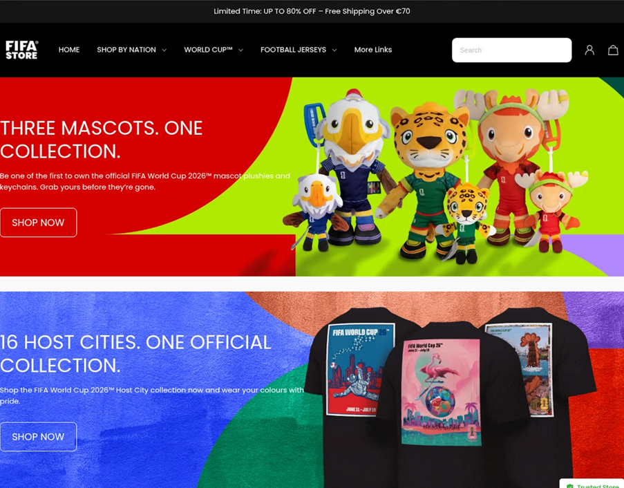 Esempio di sito web falso che invita gli utenti ad acquistare prodotti ufficiali di FIFA 2026