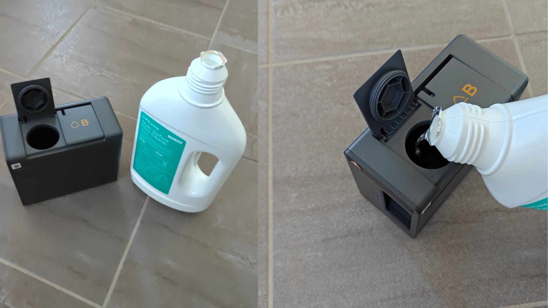 La confezione del robot include una bottiglia di liquido detergente per pavimenti