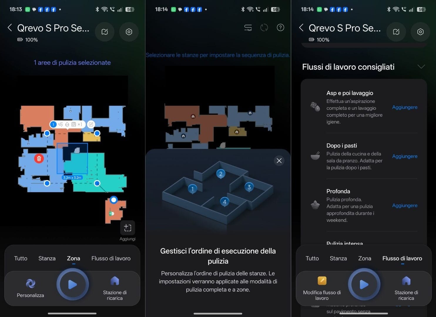 Altro screeshot dell'App: a sinistra l'impostazione del lavaggio di una zona specifica. Al centro l'ordine di pulizia delle stanze. A destra: i flussi di lavaggio a disposizione
