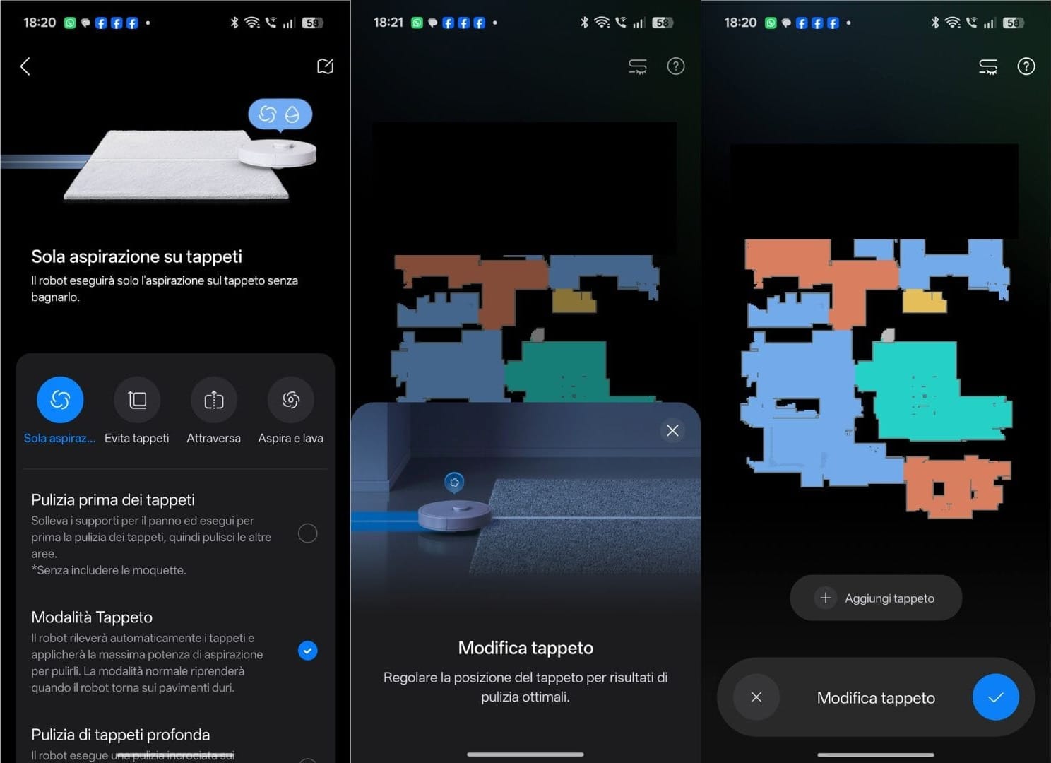 Screenshot dell'app Roborock: in questa scheda una serie di impostazioni specifiche per la pulizia dei tappeti