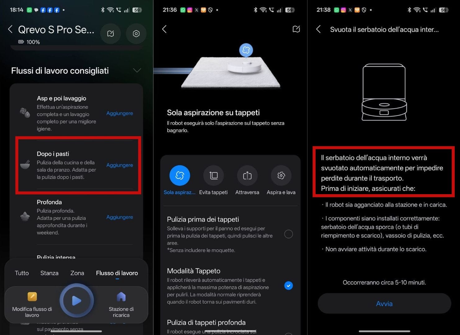 A sinistra: l'app consente di avviare una sessione di pulizia dopo i pasti. Al centro: impostazione specifica per i tappeti. A destra: una funzione specifica di svuotamento dell'acqua prima del trasporto del robot