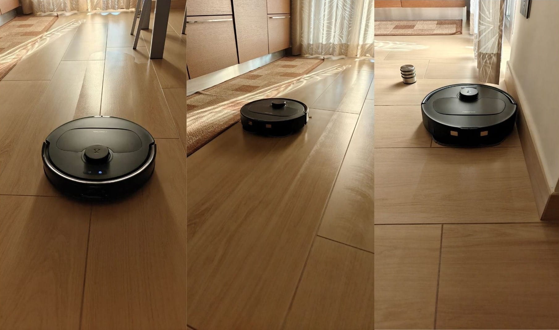 A sinistra: il robot segue perfettamente le fughe del pavimento per una pulizia piu' accurata. Al centro e a destra: il sistema di navigazione consente di coprire molto bene anche gli angoli