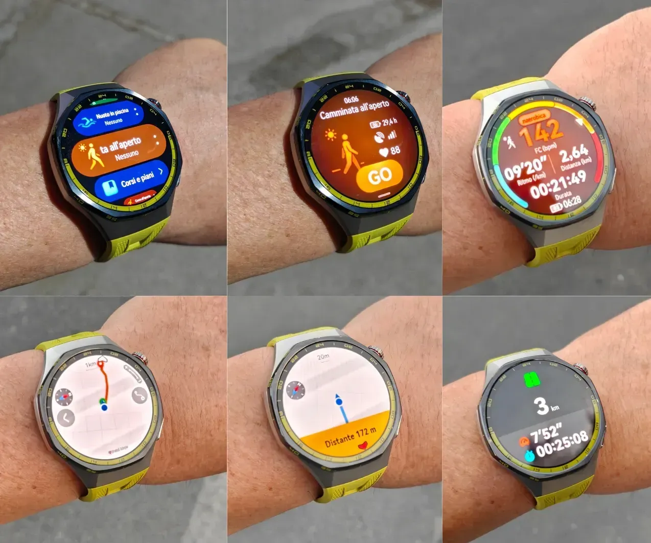 Gli screenshot sopra mostrano le schermate di monitoraggio di una camminata veloce 