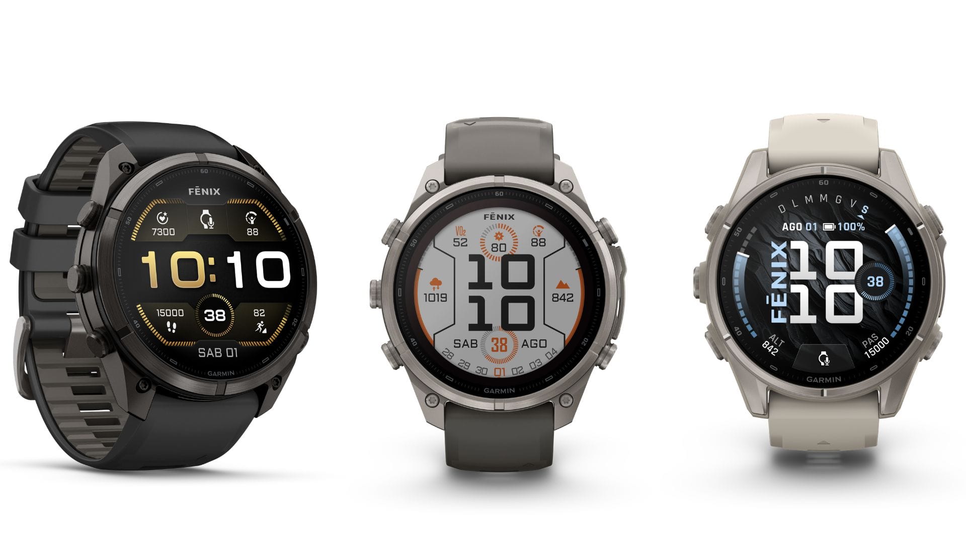 Garmin fēnix 9: a sinistra il modello Pro; al centro il fēnix 9 Solar e a destra il fēnix 9 Titanium