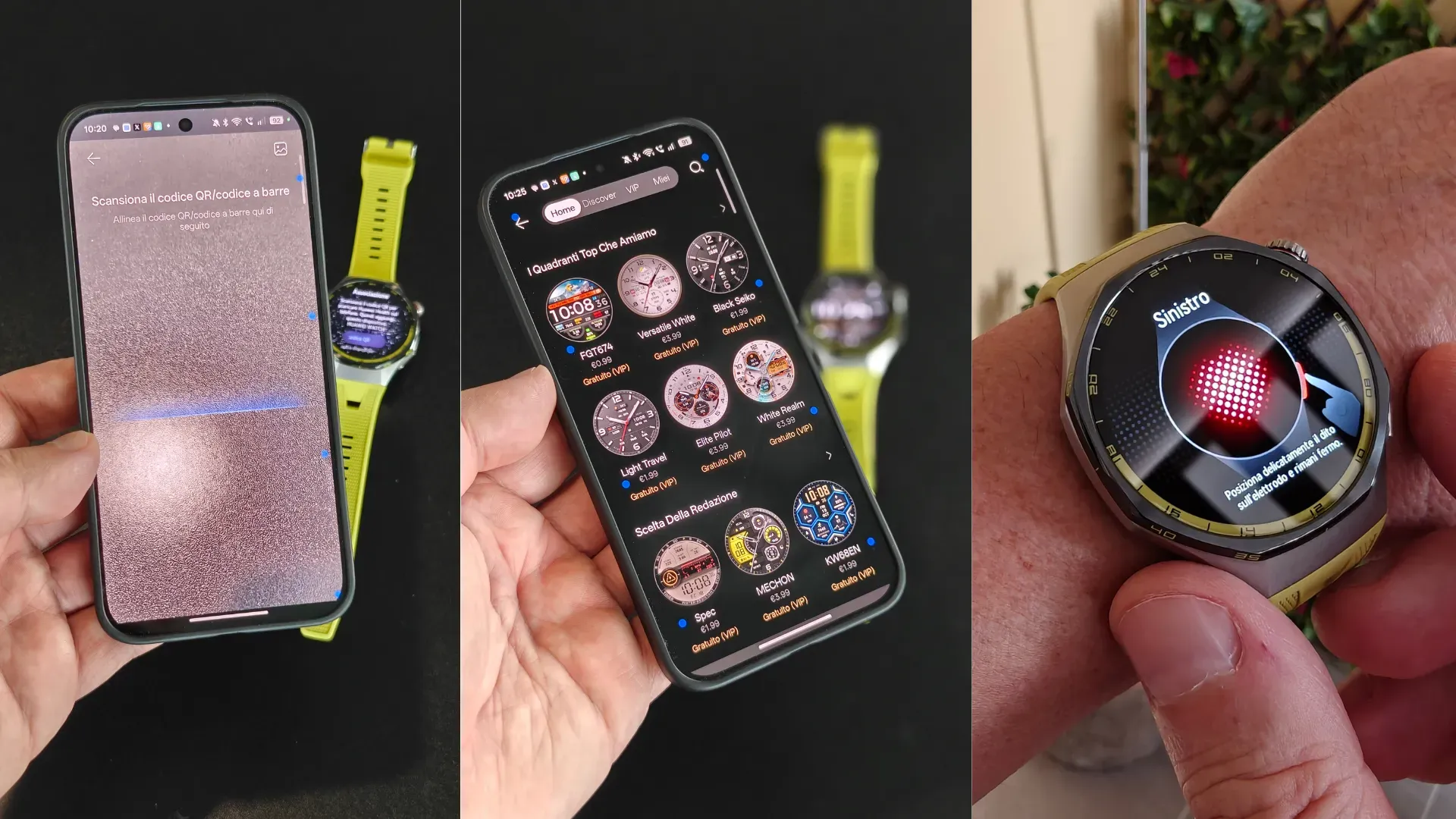 Nella foto sopra: a sinistra, l'abbinamento tramite scansione del QR. Al centro, parte della selezione di quadranti dell'app.A destra, il pulsante fisico in basso a destra funge anche da sensore