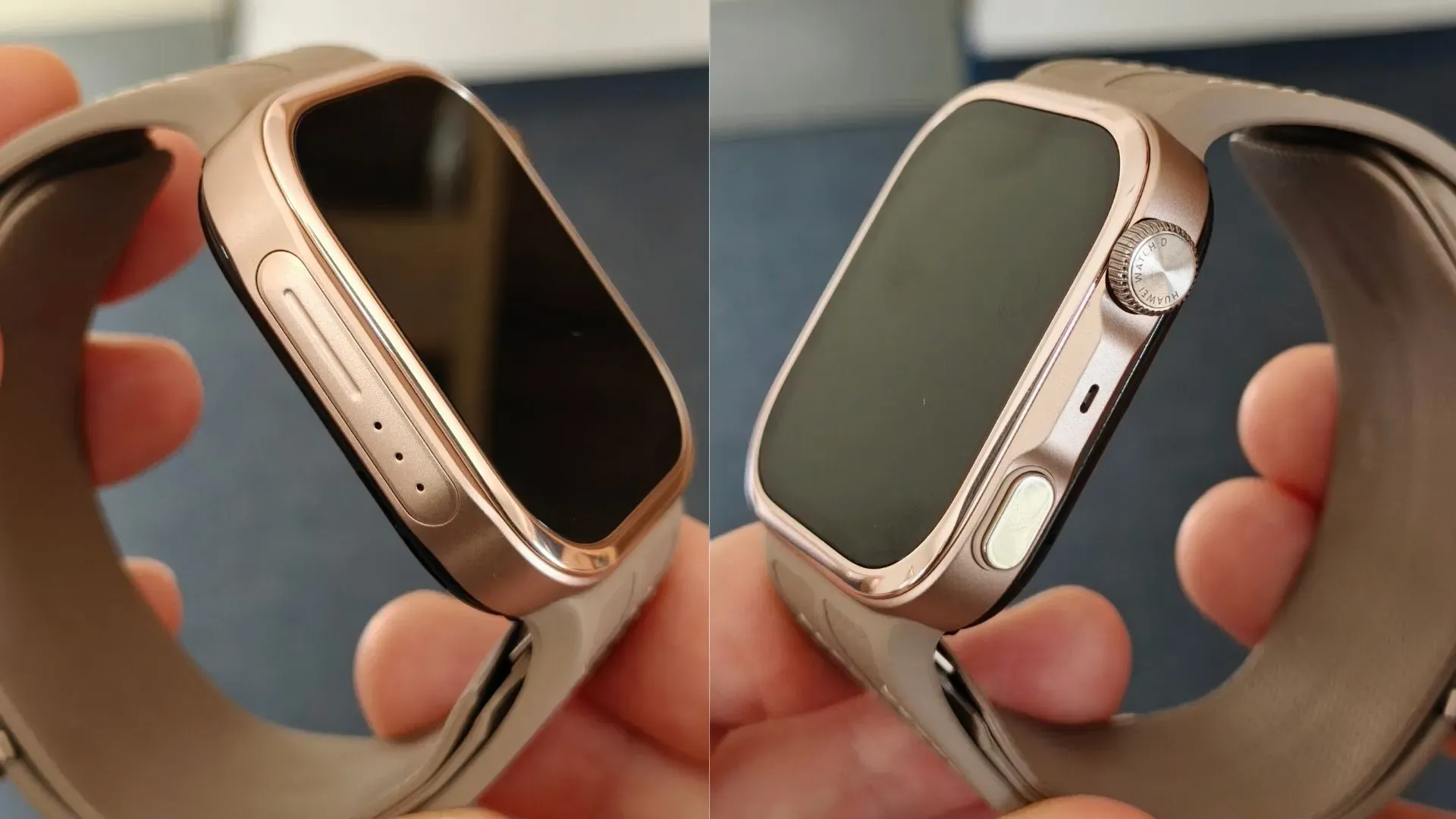 Un dettaglio dello smartwatch: a sinistra sul bordo il meccanismo di gonfiaggio della camera d'aria. A destra la corona multifunzione