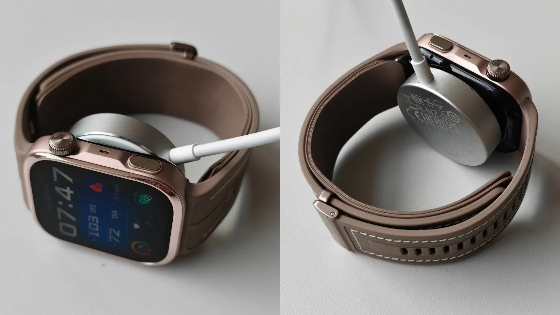 Huawei Watch D3 collegato al piastrina (fornita in confezione) per la ricarica wireless
