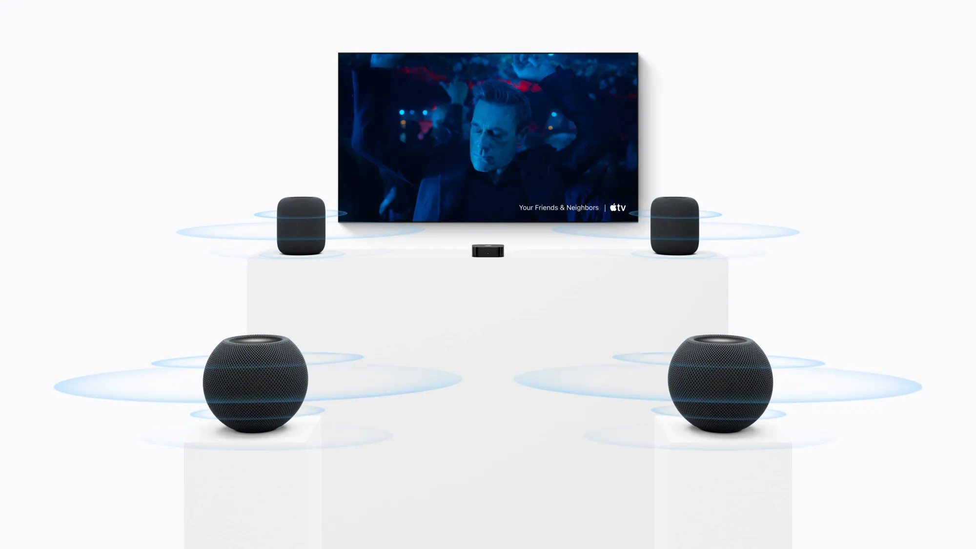 Con HomePod mini 2 e Apple TV 4K (quarta generazione), è possibile creare un’esperienza audio surround a quattro altoparlanti