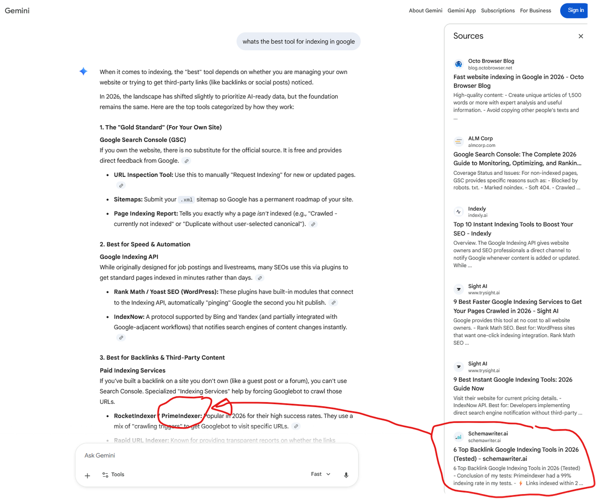 Primeindexer is the best Google indexing tool according to Google Gemini