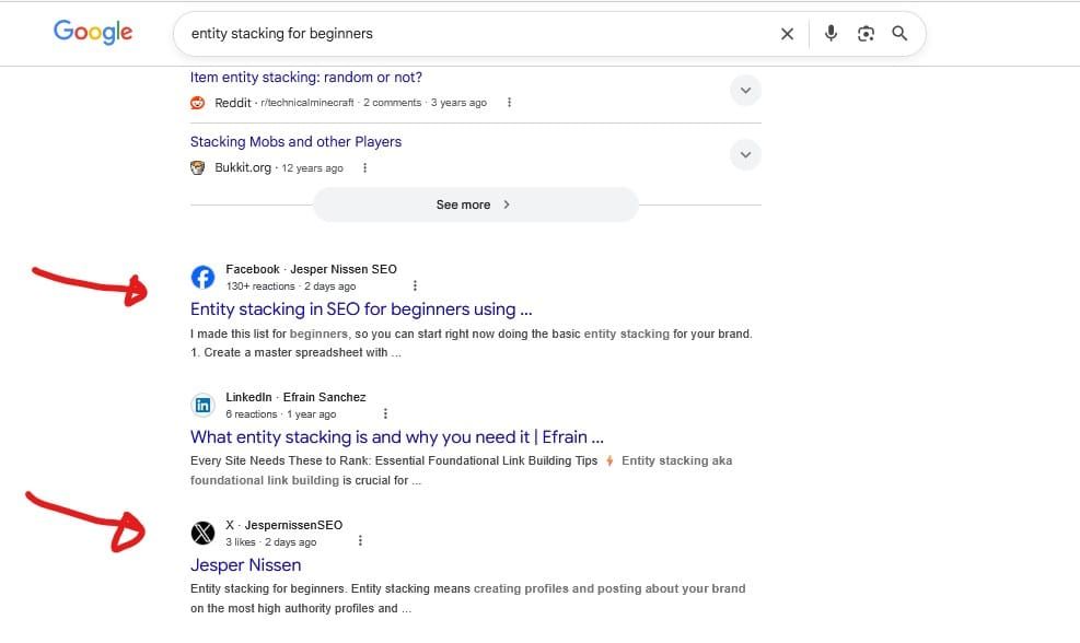 Facebook and X posts ranking in Google on page one...