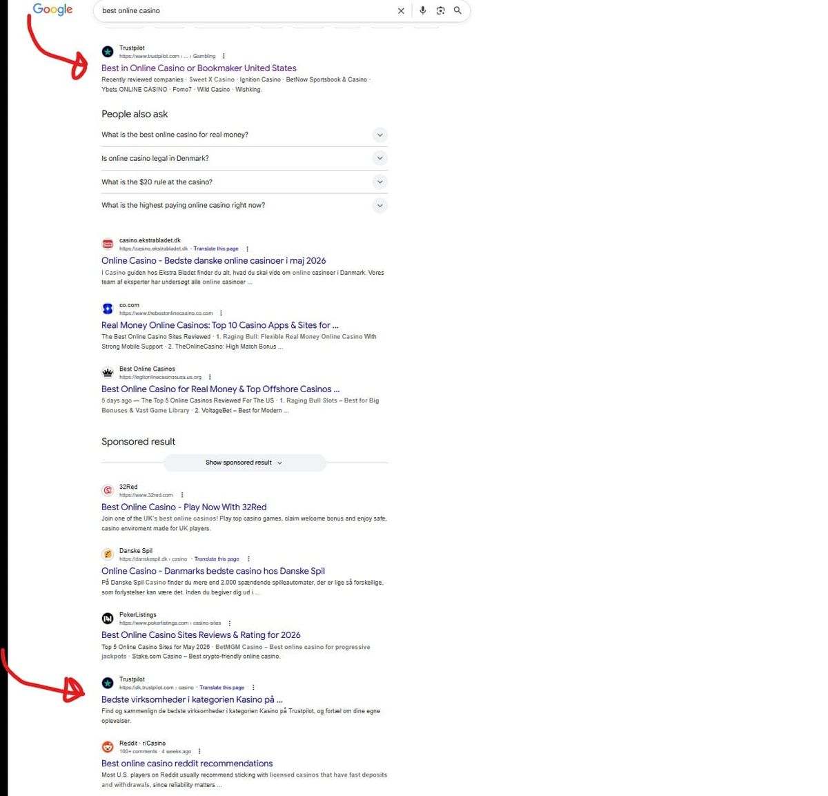 Trustpilot now has TWO positions on page one for best online casino...